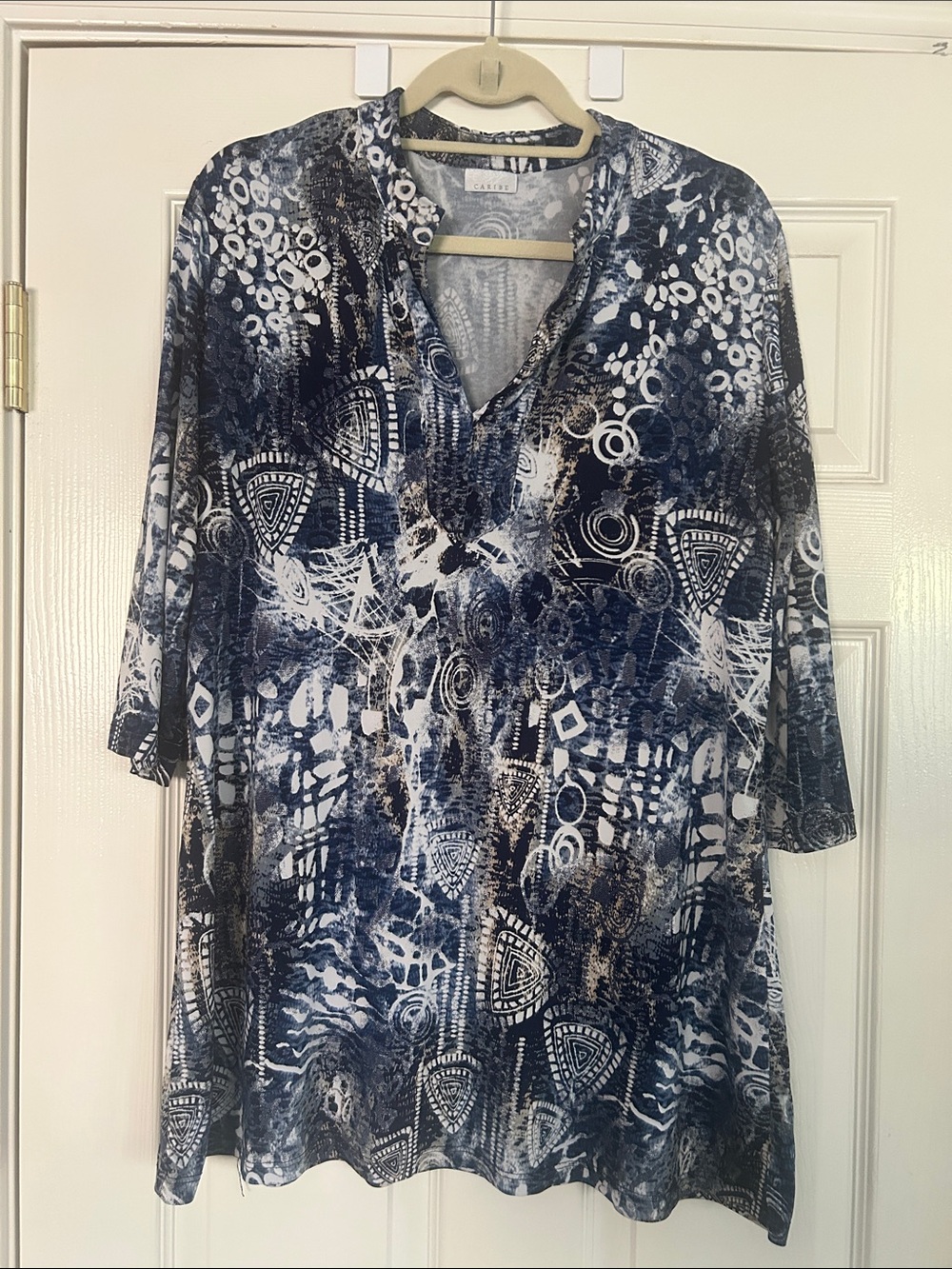 Womens Navy Blue Printed V-Neck Tunic Top